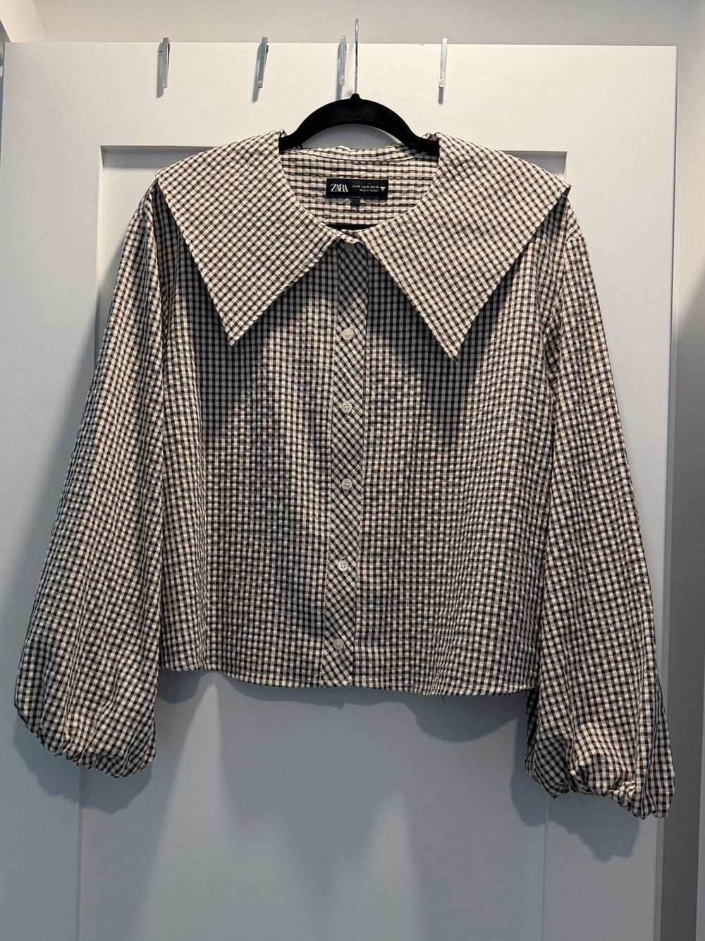 Zara Brown & White Gingham Collared Blouse